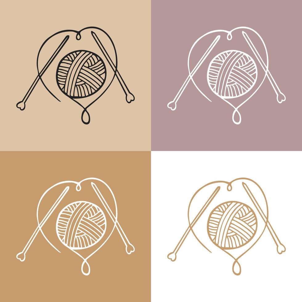 Knitting icons set, skein of yarn and knitting needles. Hobby concept vector