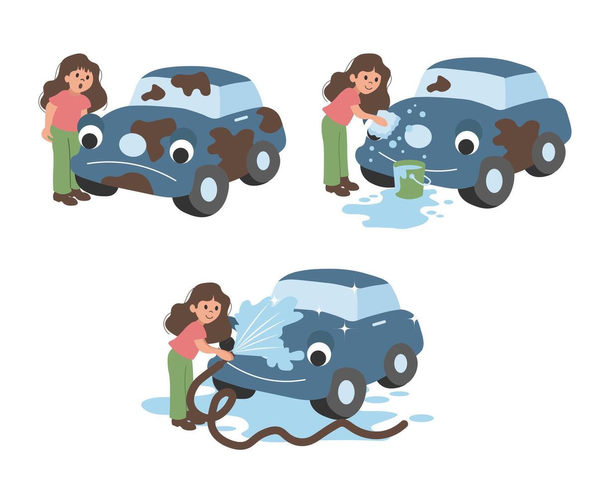 Car wash, clip art set. The girl is washing the car. Business concept vector