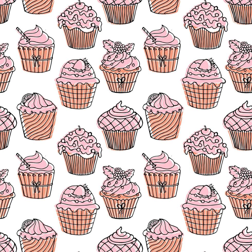Seamless pattern, hand drawn linear cupcakes with color Background, print vector