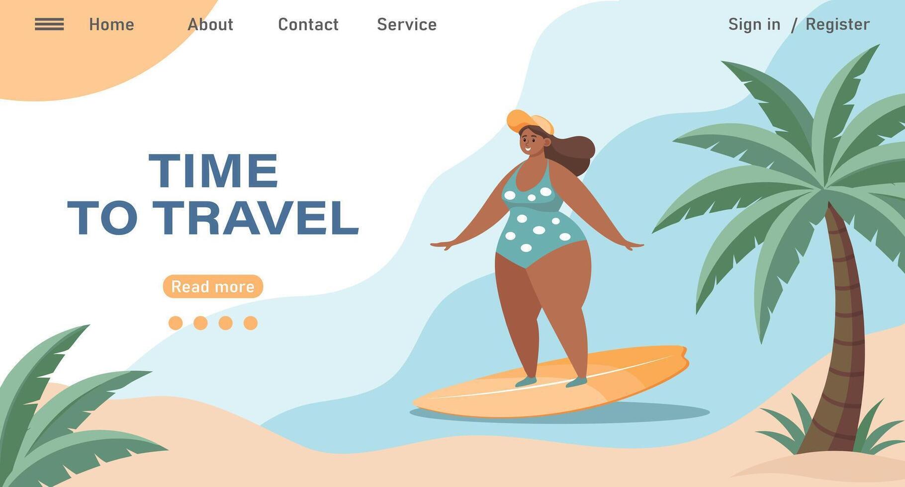 Travel destinations summer landing page. Happy woman in a swimsuit surfing in the sea. Beach holiday concept illustration. vector