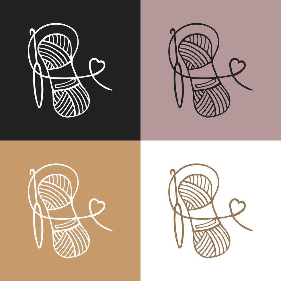 Knitting icons set, skein of yarn and hook. Hobby concept vector