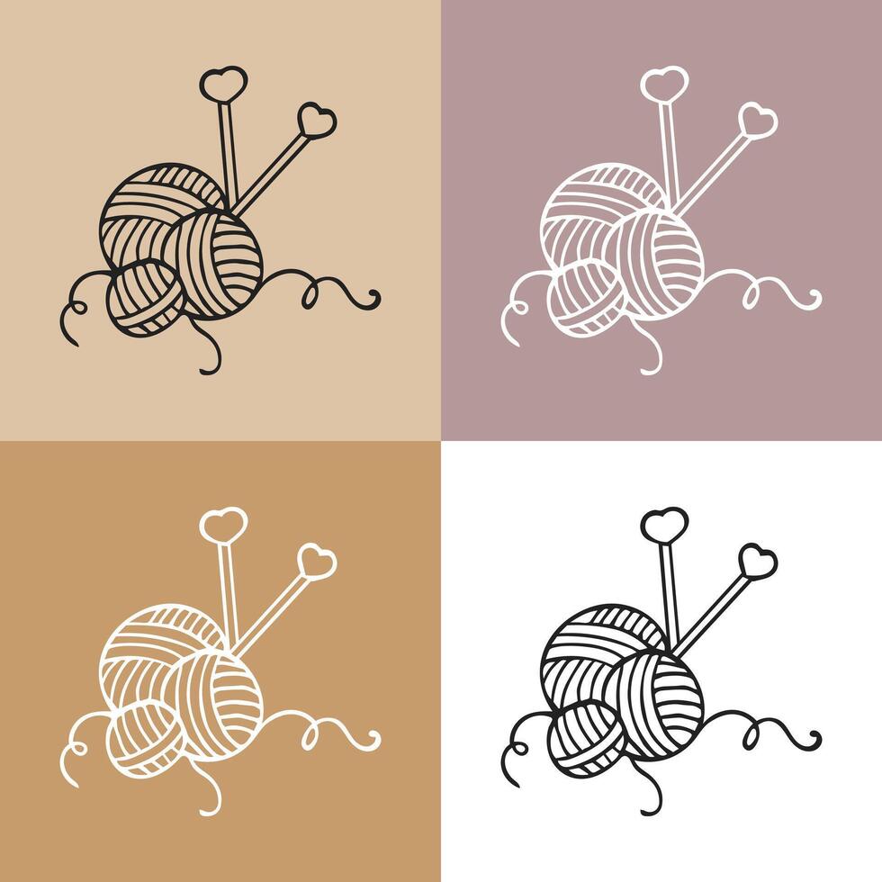 Knitting icons set, skein of yarn and knitting needles. Hobby concept vector