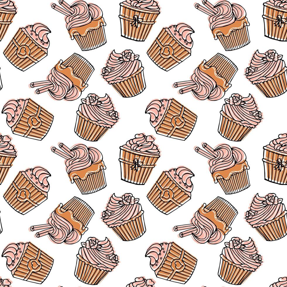 Seamless pattern, hand drawn linear cupcakes with color Background, print vector