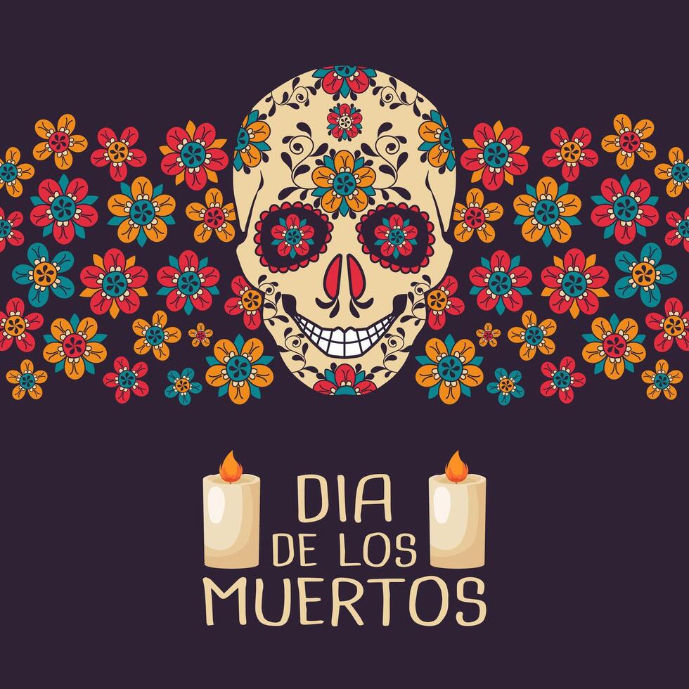 Dia de Los Muertos poster with decorated skull and flowers on a dark background. Mexican Day of the Dead. Banner. vector