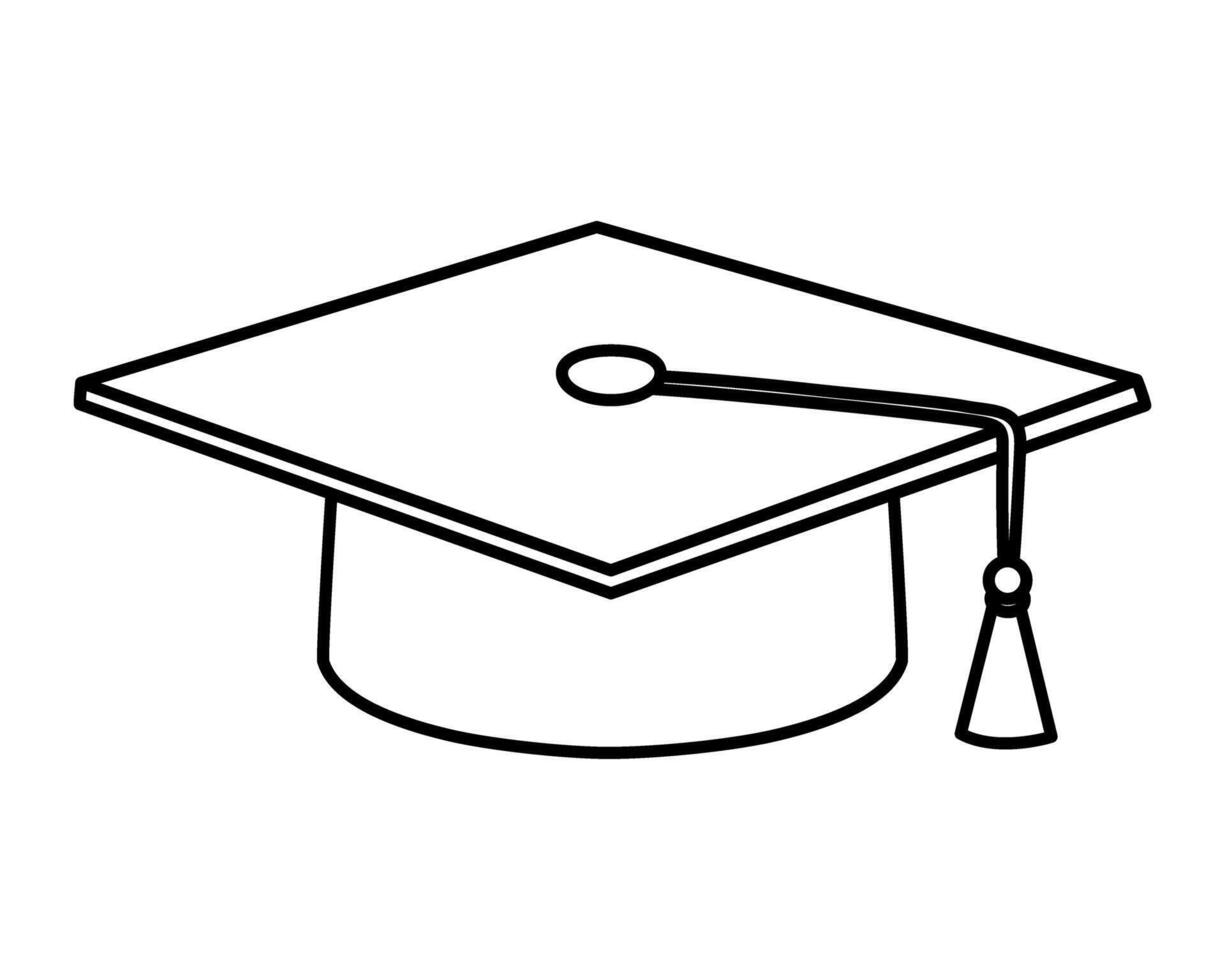 Simple line art icon of a graduation cap. Graduation hat is a headdress for the graduation ceremony. Black outline of the graduation hat with a tassel hanging off the side of the mortarboard. vector