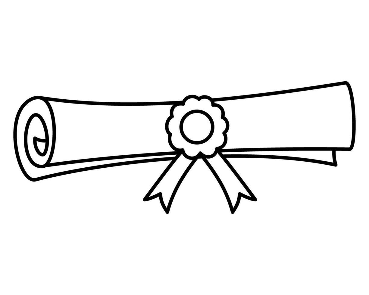 Graduation diploma icon with ribbon. Line art illustration of a rolled certificate with ribbon celebrating graduation ceremony. vector
