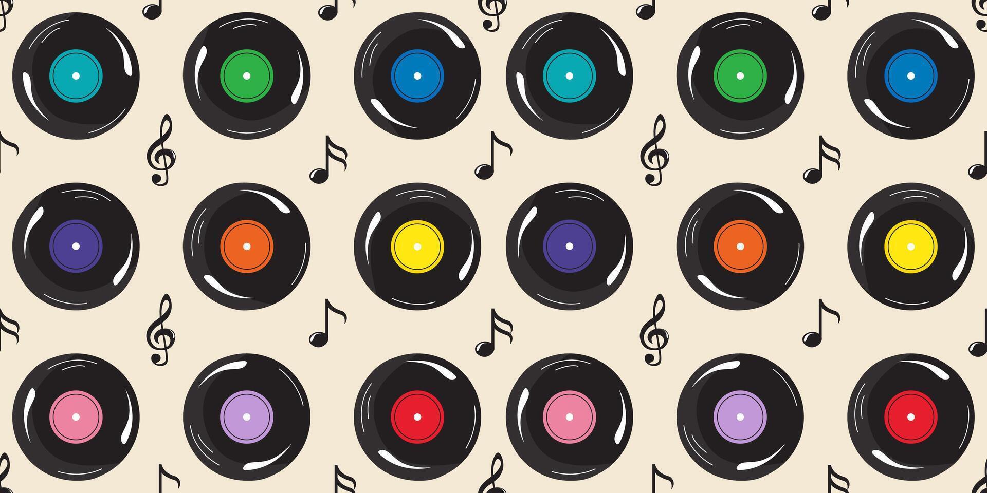 Retro vinyl record with musical notation in a neatly arranged pattern. It can be used for paper designs, gift wrapping, textiles, etc. vector