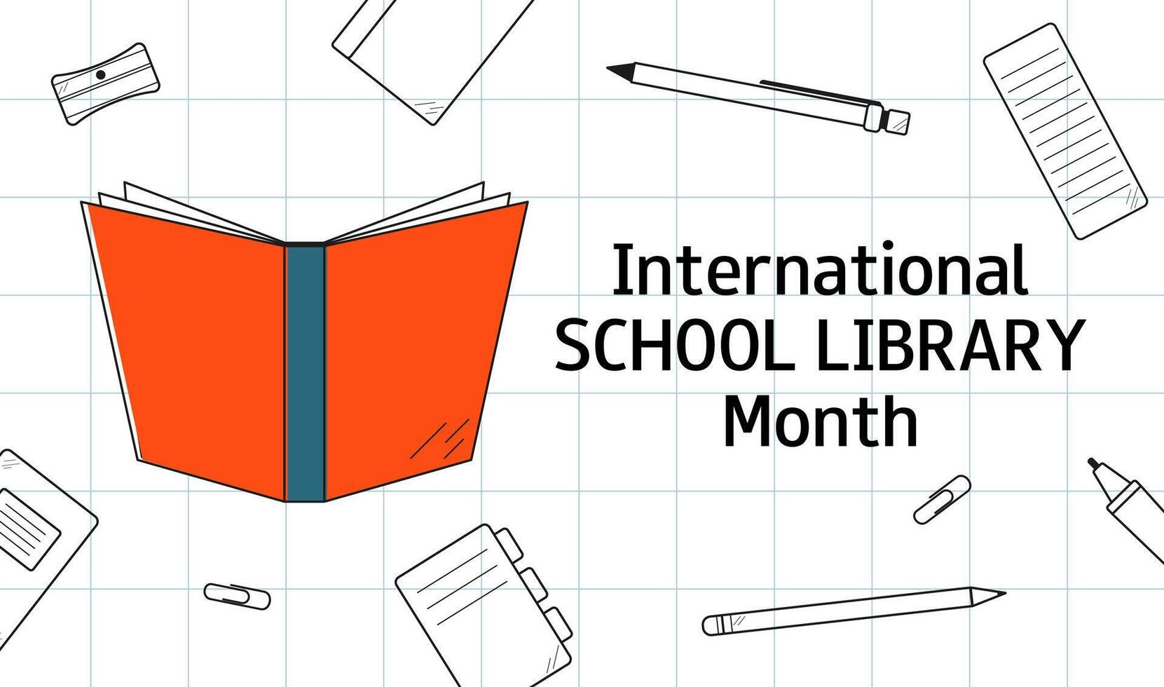 International School Library Month. October. Horizontal banner, greeting card, presentation, flyer, poster in doodle style. vector