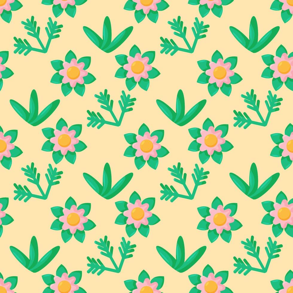 Cartoon doodle seamless pattern. bushes, leaves, flowers in Scandinavian childlike style background. vector