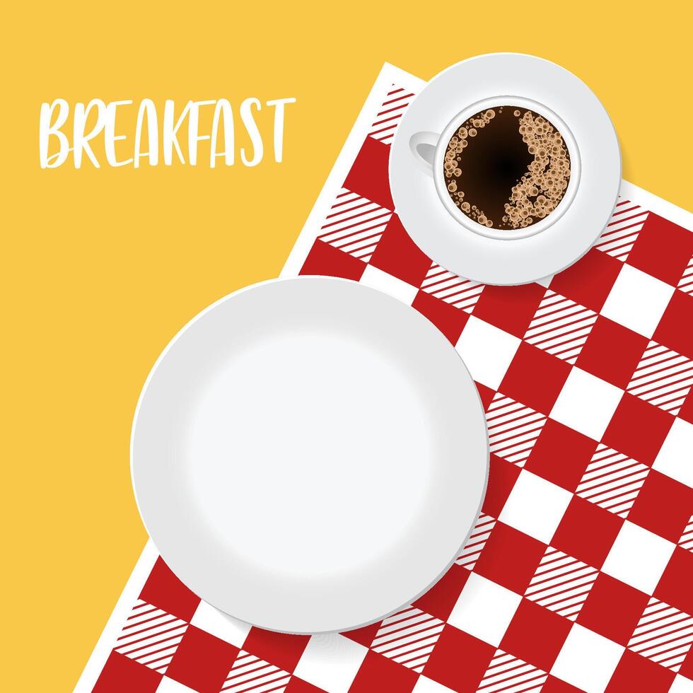 Empty plate and coffe on red tablecloth or napkin. Restaurant or cafe logo template. Waiting for meal icon. vector