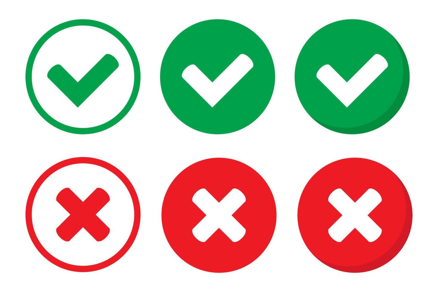 Right or wrong icons. Green tick and red cross checkmarks. Yes or no symbol, approved or rejected icon for user interface. vector