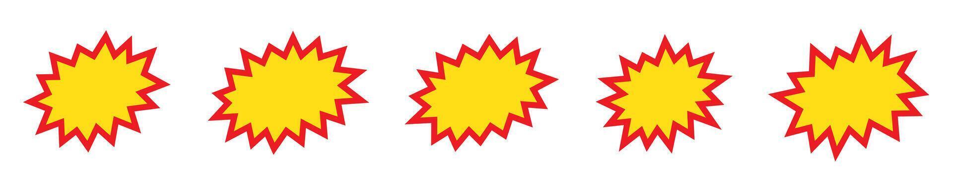Blank sale tags. Ribbon sale banners. Red and yellow starburst stickers. Pop art funny bang bubble on white background. Cartoon comic style. vector
