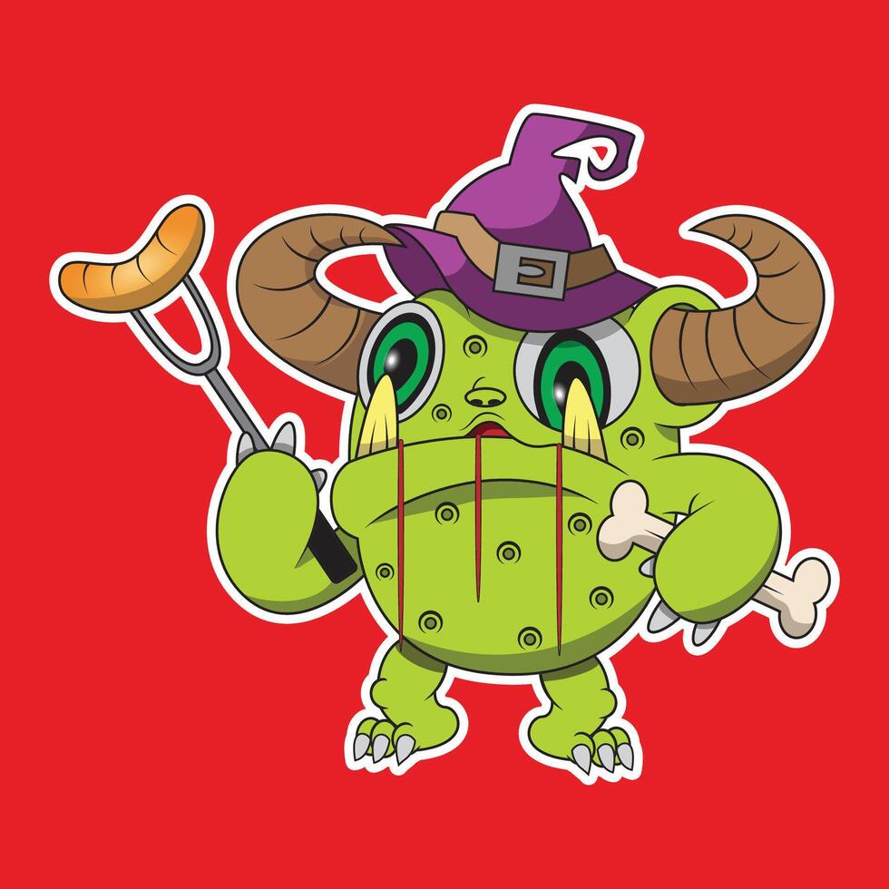 a green monster figure wearing a hat and stabbing a meat sausage vector