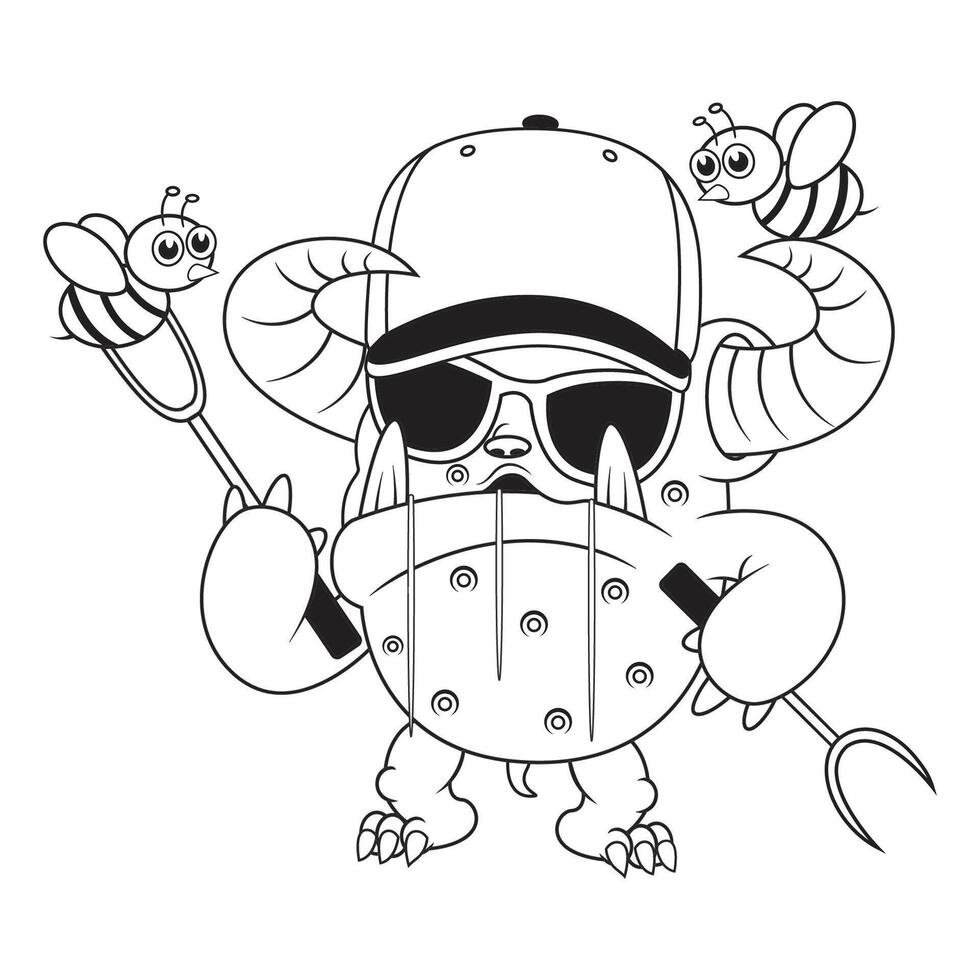 outline of a green monster figure was stabbing a bee vector