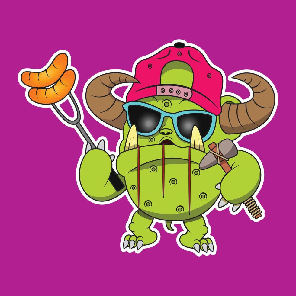 a green monster figure was spearing a sausage and holding an axe vector
