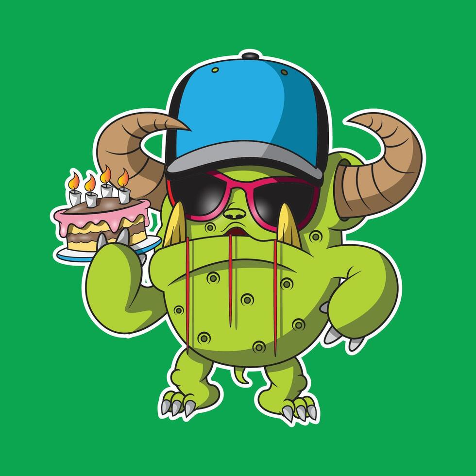 a green monster is holding a birthday cake vector