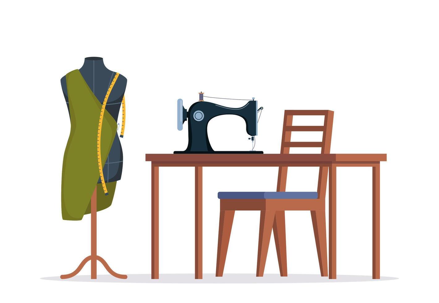 Sewing room with sewing machine, mannequin, tools. Tailor interior. illustration. vector