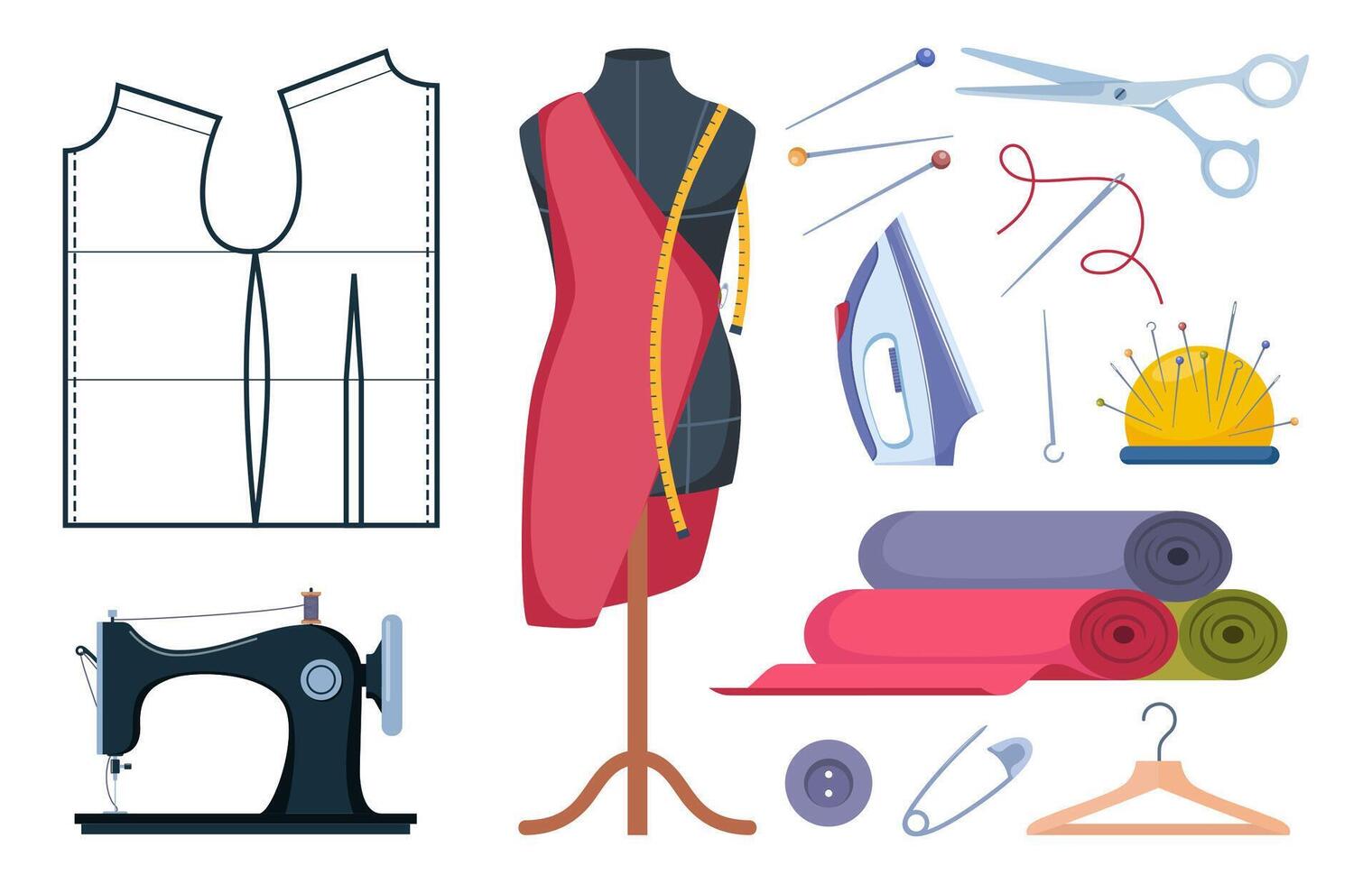 Tailors accessories, supplies and equipment to sew cloth. Dressmaking collection with thread rolls, button, needles, zipper, sewing machine, mannequin, scissors, iron. Tailoring studio. vector