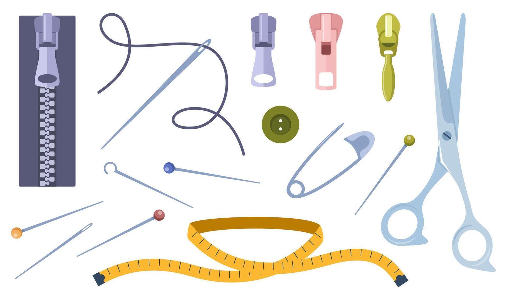 Tailors accessories, supplies to sew cloth. Dressmaking collection with thread rolls, button, needles, zipper, scissors. Tailoring studio. vector