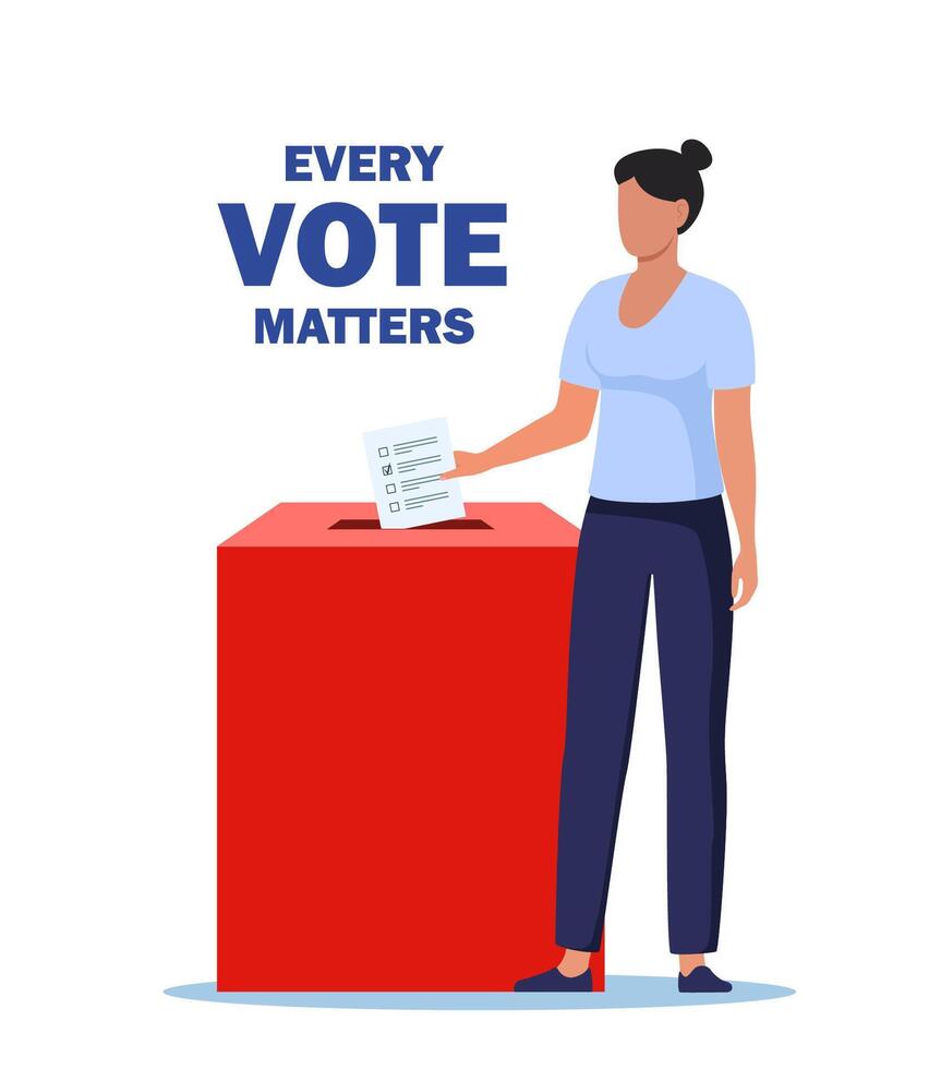mujer poniendo votar papel dentro elección caja. cada votar asuntos. ilustración. vector