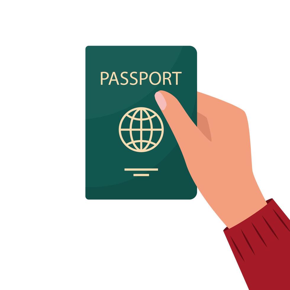 Passport in hand. Man holds personal identification document. Passport for travel and tourism. Travel, citizenship, migration concept. illustration. vector