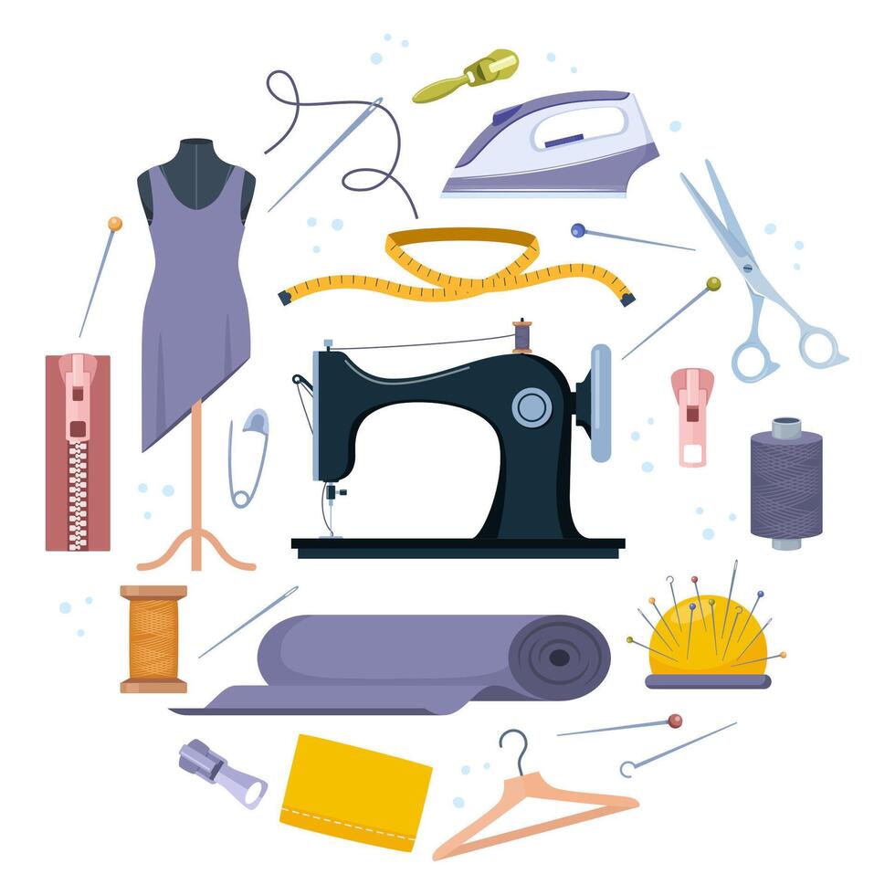 Tailors accessories, supplies and equipment to sew cloth. Dressmaking collection with thread rolls, button, needles, zipper, sewing machine, mannequin, scissors, iron. Tailoring studio. vector