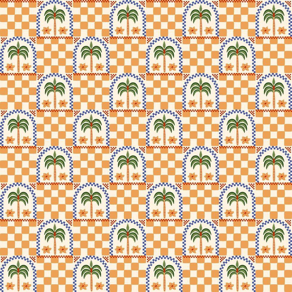 Summer tropical checkered seamless pattern. Retro chess print with palm trees in arch. Yellow mosaic design. Groovy 70s, 60s repeat background fashion, fabric, textile, wallpaper , wrapping. vector