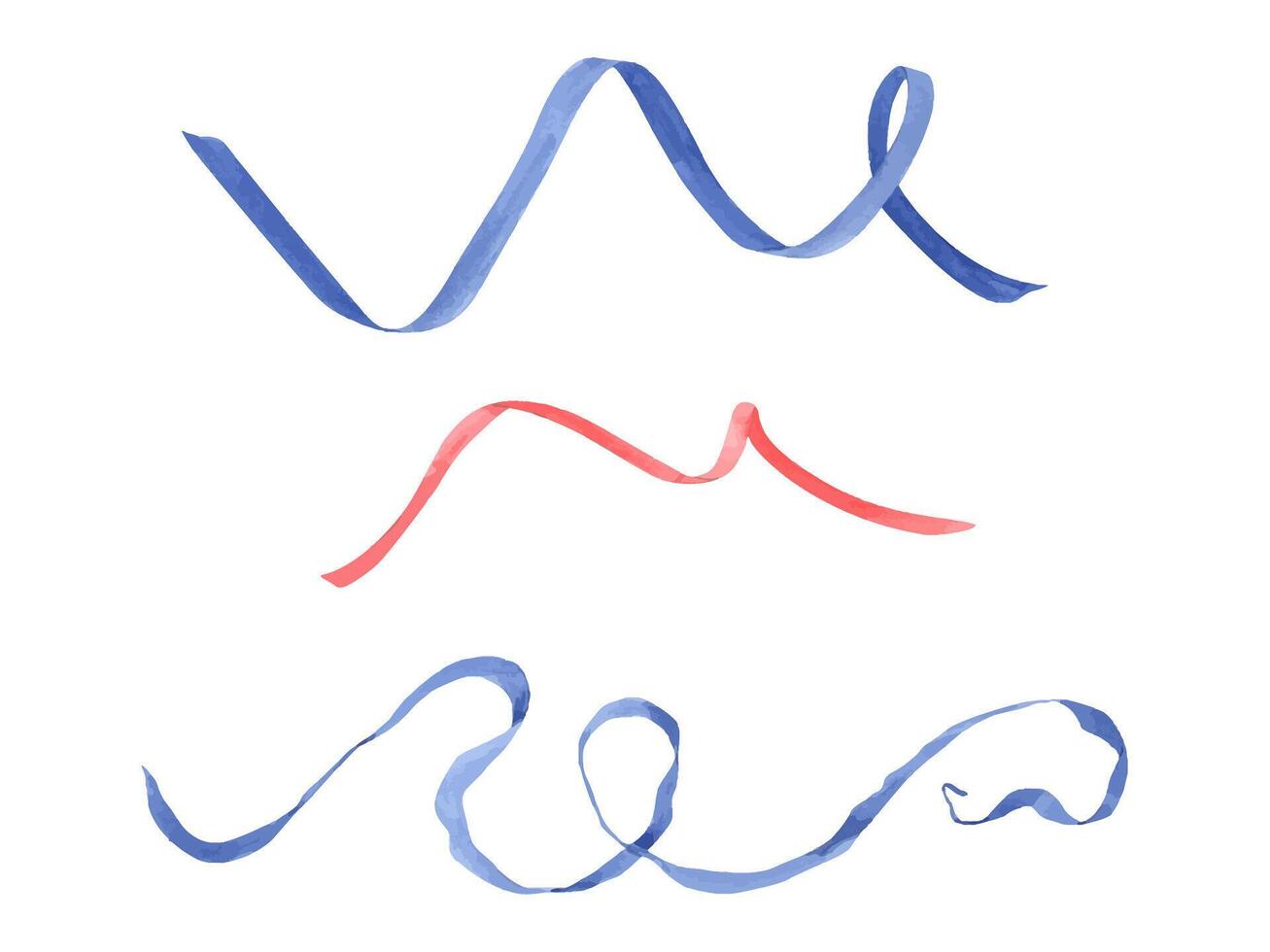 Three long simple tapes. Swirl ribbon. Blue and red ribbons. Watercolor illustration. Design element for decorating gifts, flower bouquets, cards, congratulations. Birthday, Xmas, party decor vector