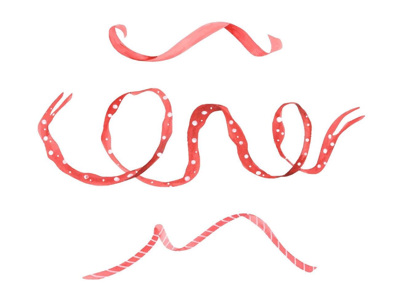 Swirl ribbons. Red ribbon with white dots and strips. Watercolor illustration of textile elements. Tapes for decorating gifts, flower bouquets, cards, congratulations. Birthday, Xmas, party vector