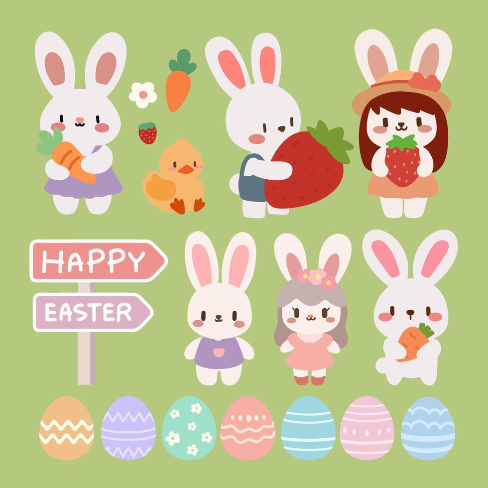 Easter Bunny and Spring Elements Cute Illustration.Adorable Easter Characters with Carrots and Eggs. vector