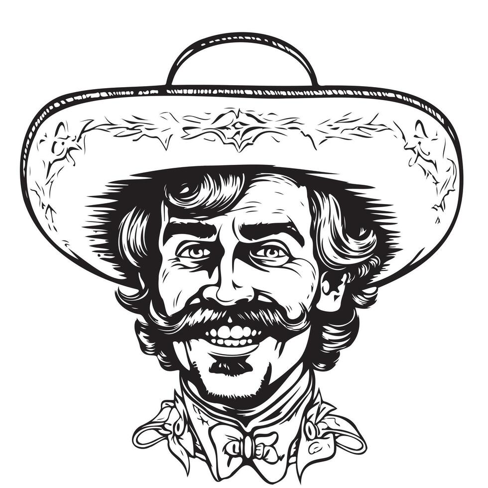 Portrait of smiling Mexican man in sombrero sketch illustration isolated on white background. vector