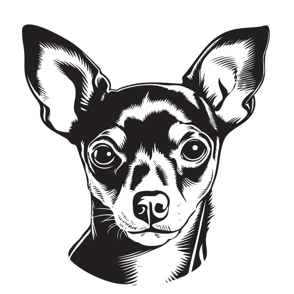 isolated one single sitting Chihuahua Toy terrier dog head front view black and white two colors silhouette. vector