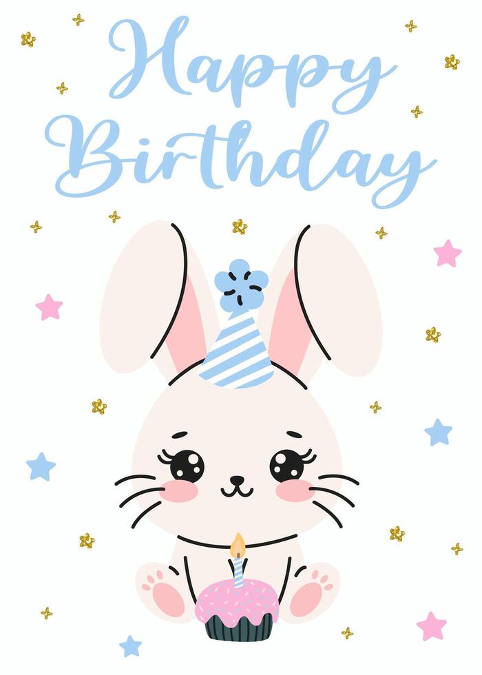 Birthday invitation card design with rabbit with birthday cupcake. Illustration with cute white bunny. Invitation for children in pink and blue color. Ready to use and editable template. vector