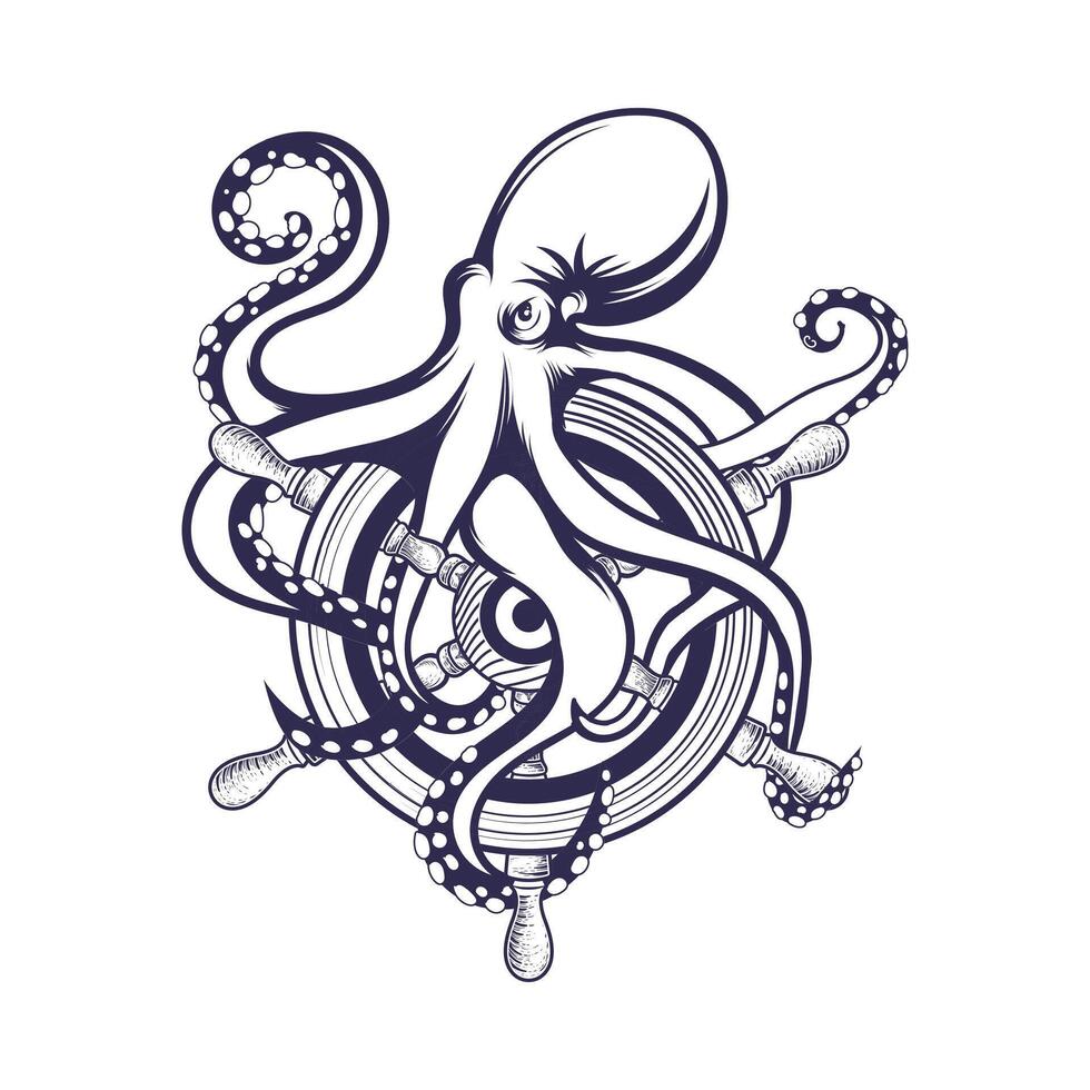 octupas holding on ship wheel design vector