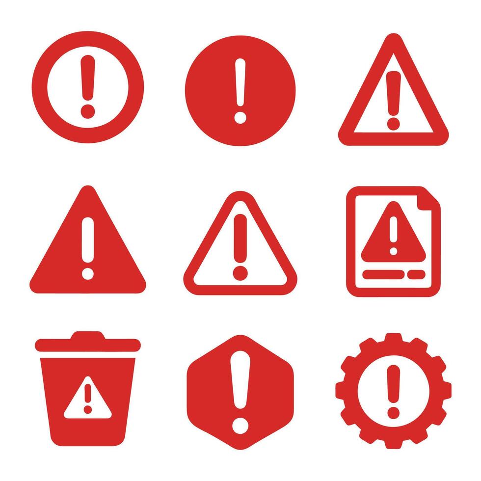 set of error warning symbol red icons vector