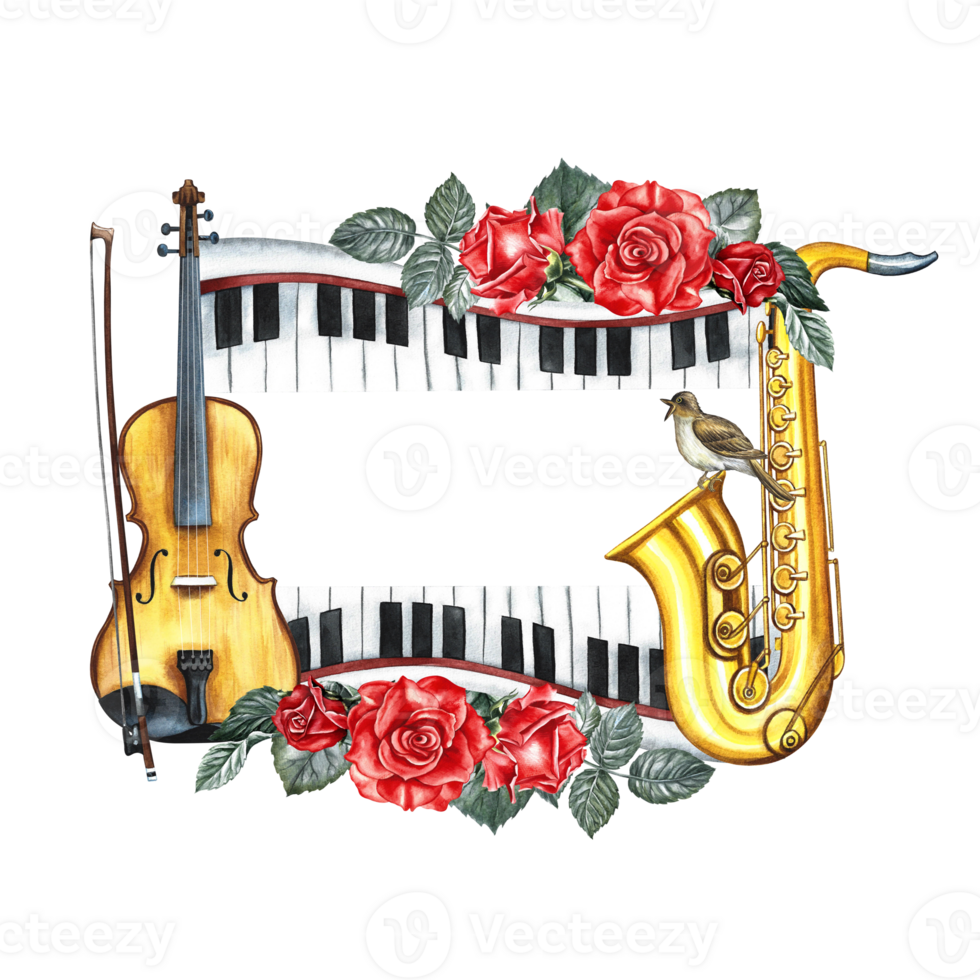 The frame is musical with a violin, piano keys and a saxophone. decorated with roses. The watercolor illustrations are made by hand. For posters, flyers and invitation cards. For stickers, labels. png