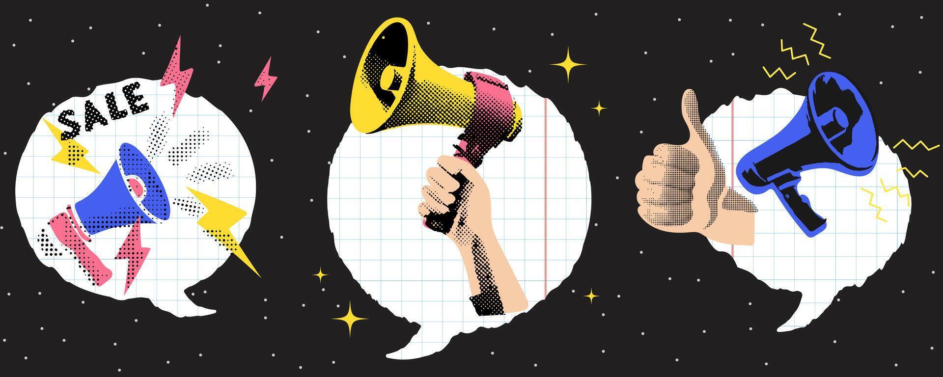 Trendy retro collage with megaphone, squared paper bubble speech, hand and sale message. Promotional clip art with loudspeaker. Announcing promo elements. Pop art halftone design. vector