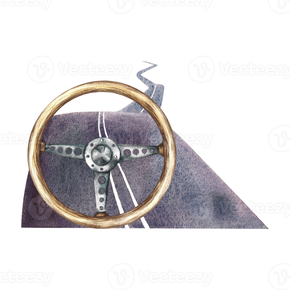 Paved road and steering wheel. The illustration is done in watercolor by hand. Sticker for drivers. Isolate her. Designed for making flyers, banners and postcards. For invitations, posters, and prints png
