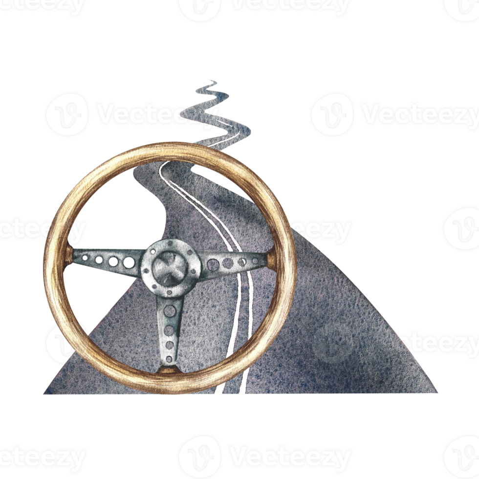 Paved road and steering wheel. The illustration is done in watercolor by hand. Sticker for drivers. Isolate her. Designed for making flyers, banners and postcards. For invitations, posters, and prints png