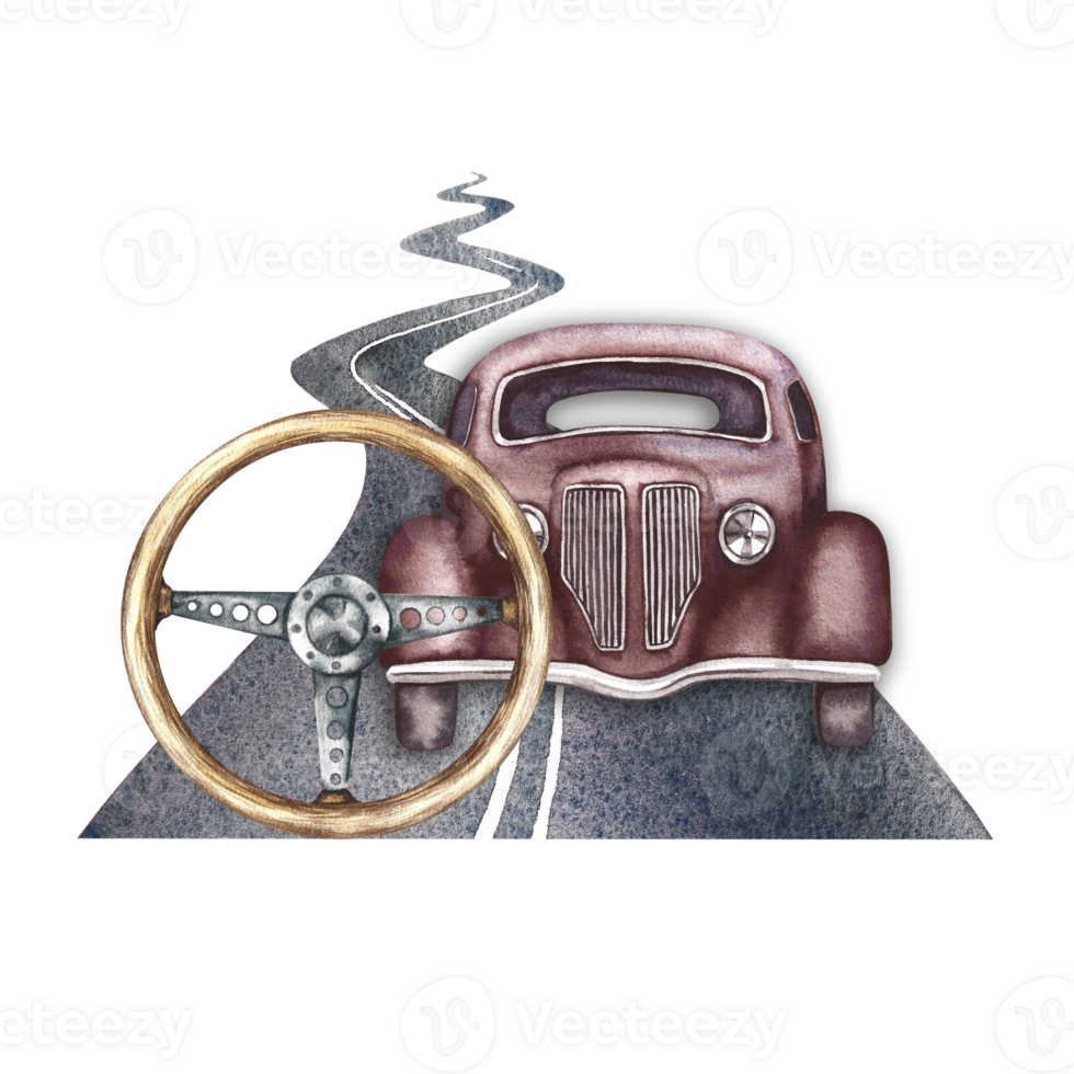 Asphalt road, retro car and steering wheel. The illustration is done in watercolor by hand. Sticker for drivers. Designed for making flyers, banners and postcards. For invitations, posters and prints. png