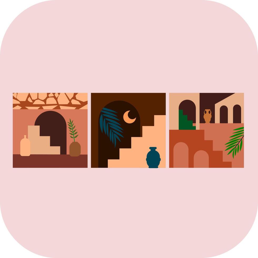 Illustrated ancient ziggurat structure surrounded palm trees under hazy sky vector