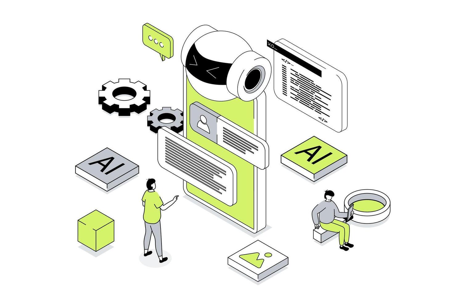 Artificial intelligence 3d isometric concept in outline isometry design for web. People working and programming ai robots, creating chatbot, machine learning and cyber automation. illustration. vector