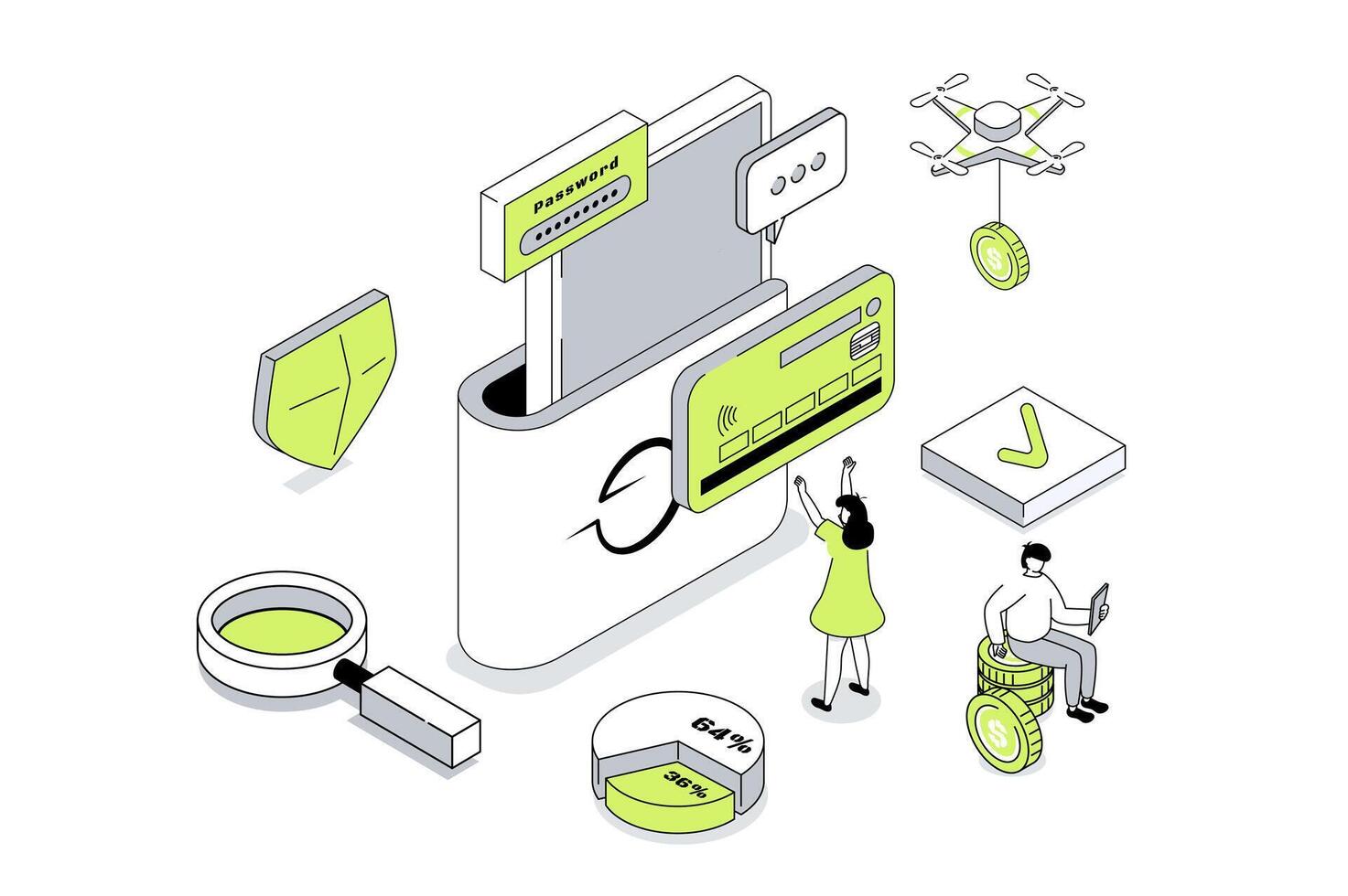 Mobile wallet app 3d isometric concept in outline isometry design for web. People managing financial account and credit cards at online banking service, making money transfer. illustration. vector