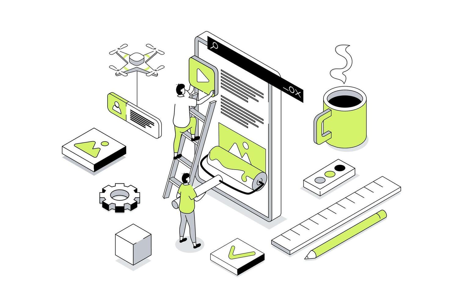 Web design 3d isometric concept in outline isometry design for web. People creating pages layouts, placing content blocks, programming and coding homepages for mobile phone. illustration. vector