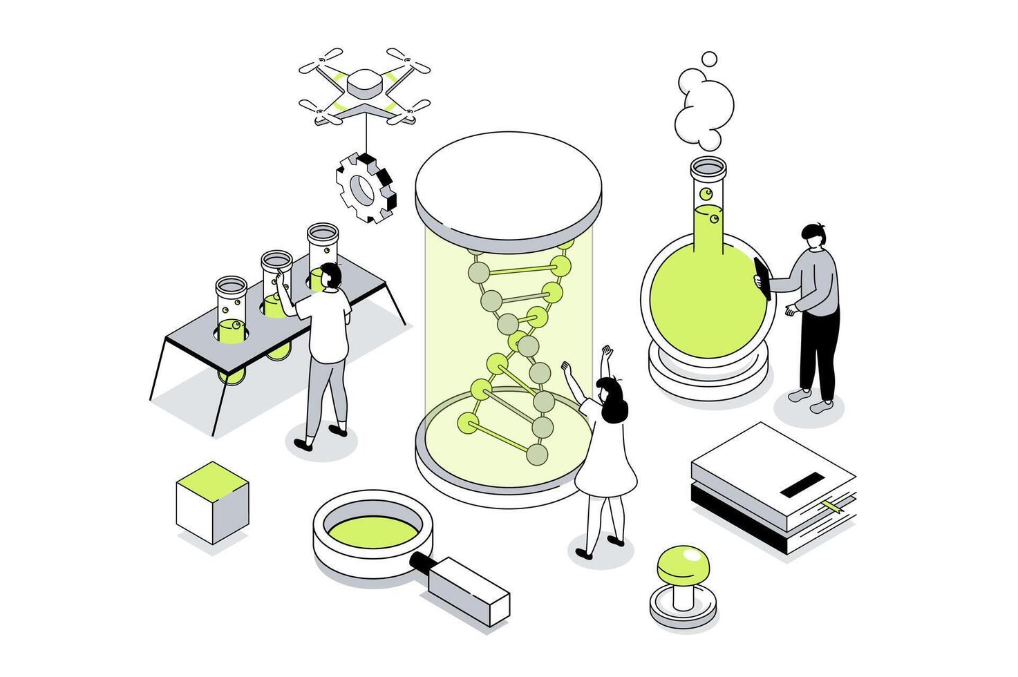 Science laboratory 3d isometric concept in outline isometry design for web. People researching dna molecule in glass, doing genetic tests and clinical experiments in flasks. illustration. vector