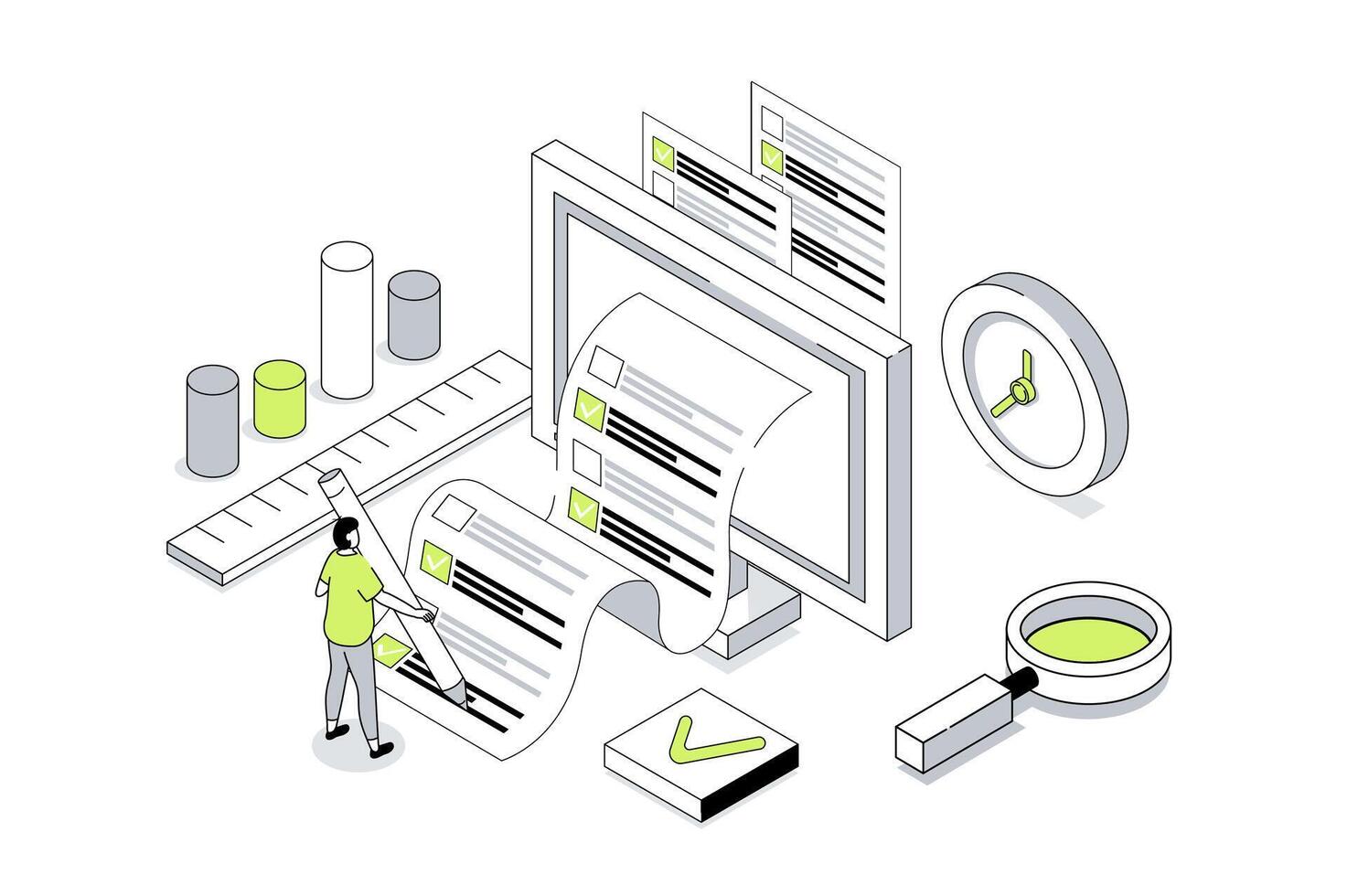Online survey 3d isometric concept in outline isometry design for web. People giving feedback and evaluation, marking answer in questionnaire, voting in digital form on computer. illustration. vector