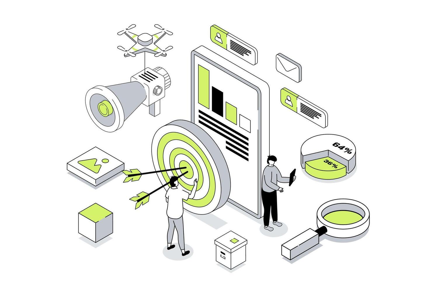 Target audience 3d isometric concept in outline isometry design for web. People study market data and customer trends, sets focus aim, create advertising for attract new clients. illustration. vector