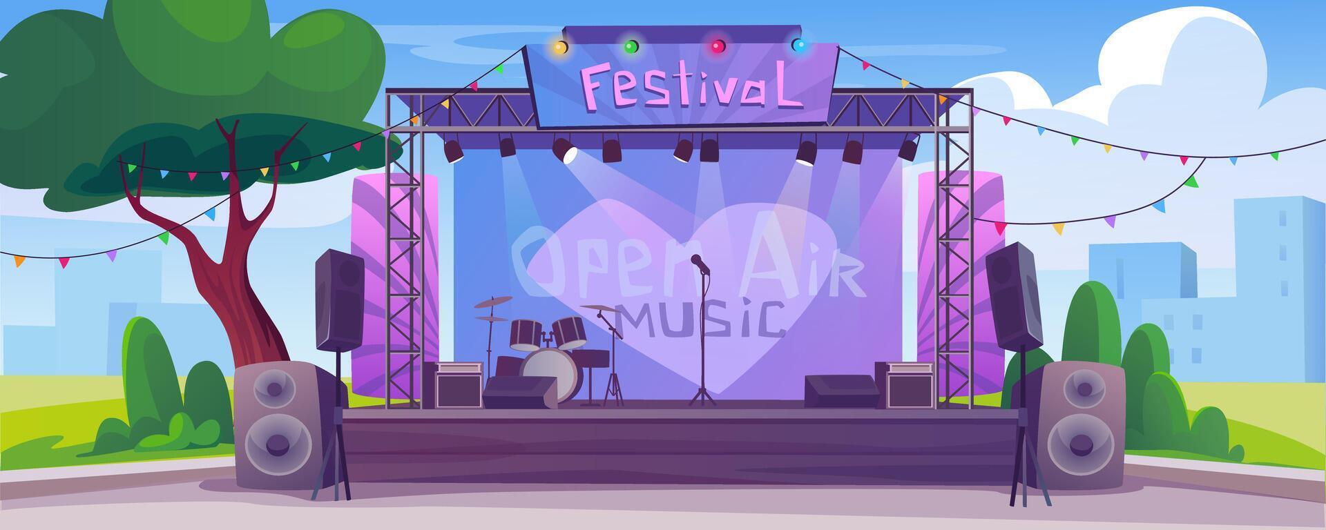 Festival music stage background banner for game design. Open air musical concert equipment with instrument on scene, spotlights, amplifiers, garlands at day cityscape view. cartoon illustration vector