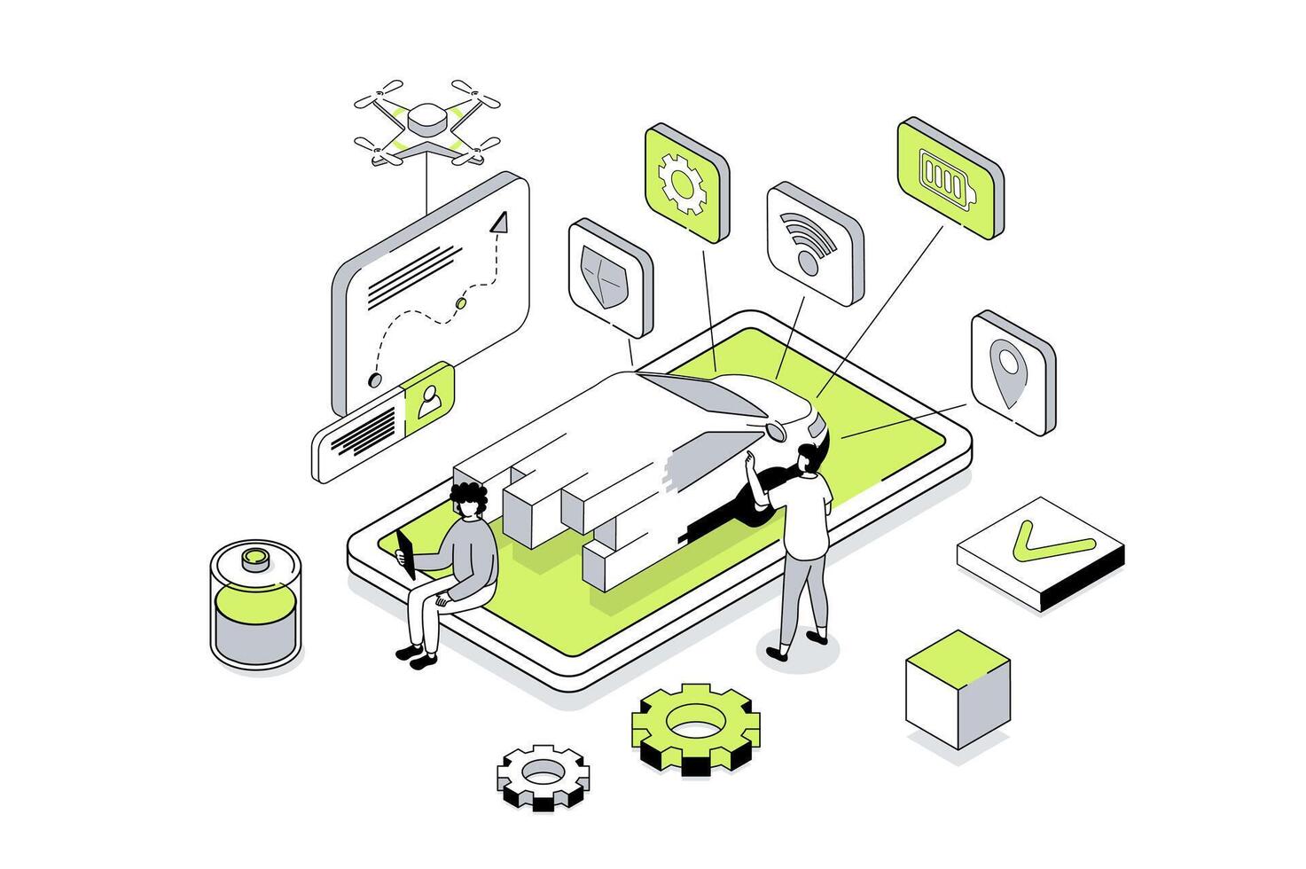 Smart car 3d isometric concept in outline isometry design for web. People managing of autonomous automobile with smartphone app, monitoring system, using online map navigation. illustration. vector