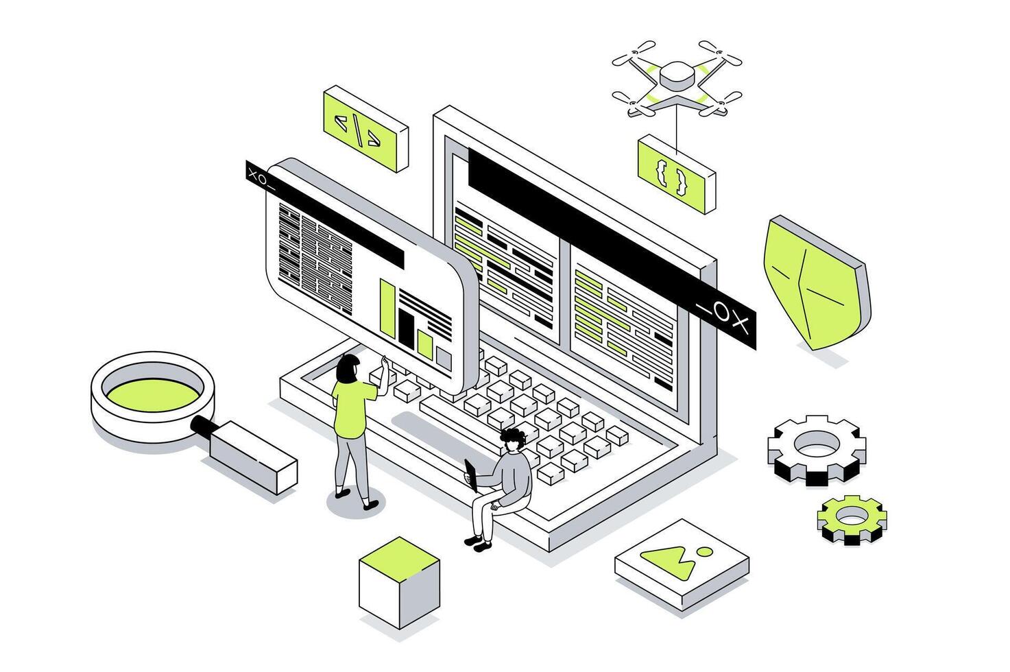Programming 3d isometric concept in outline isometry design for web. People working with code at laptop screen, creating software, prototyping and making optimization programs. illustration. vector